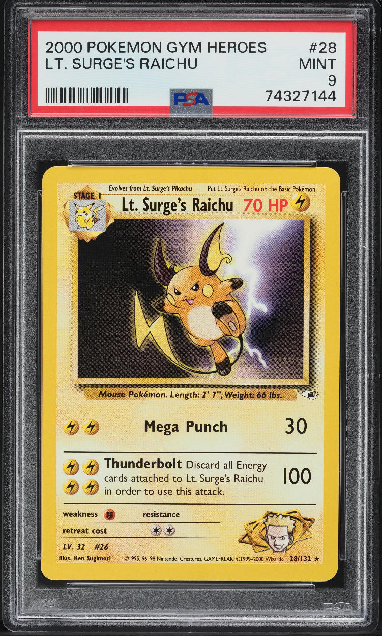 Lt. Surge’s Raichu Gym Heroes 2000 #28 - PSA 9 MINT (Pokémon TCG)
