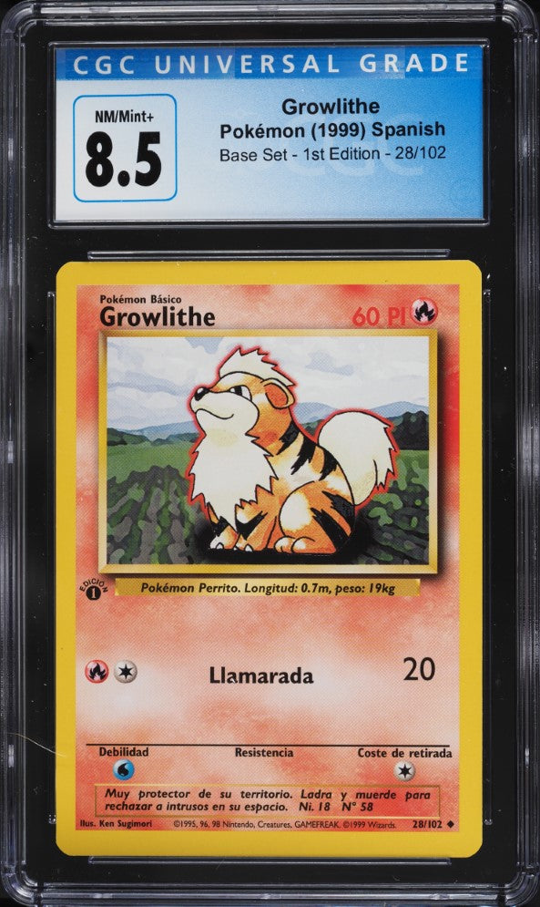 Growlithe 1ra Edición 28/102 - CGC 8.5 NM/Mint+ (Pokémon Básico, Base Set Español 1999)