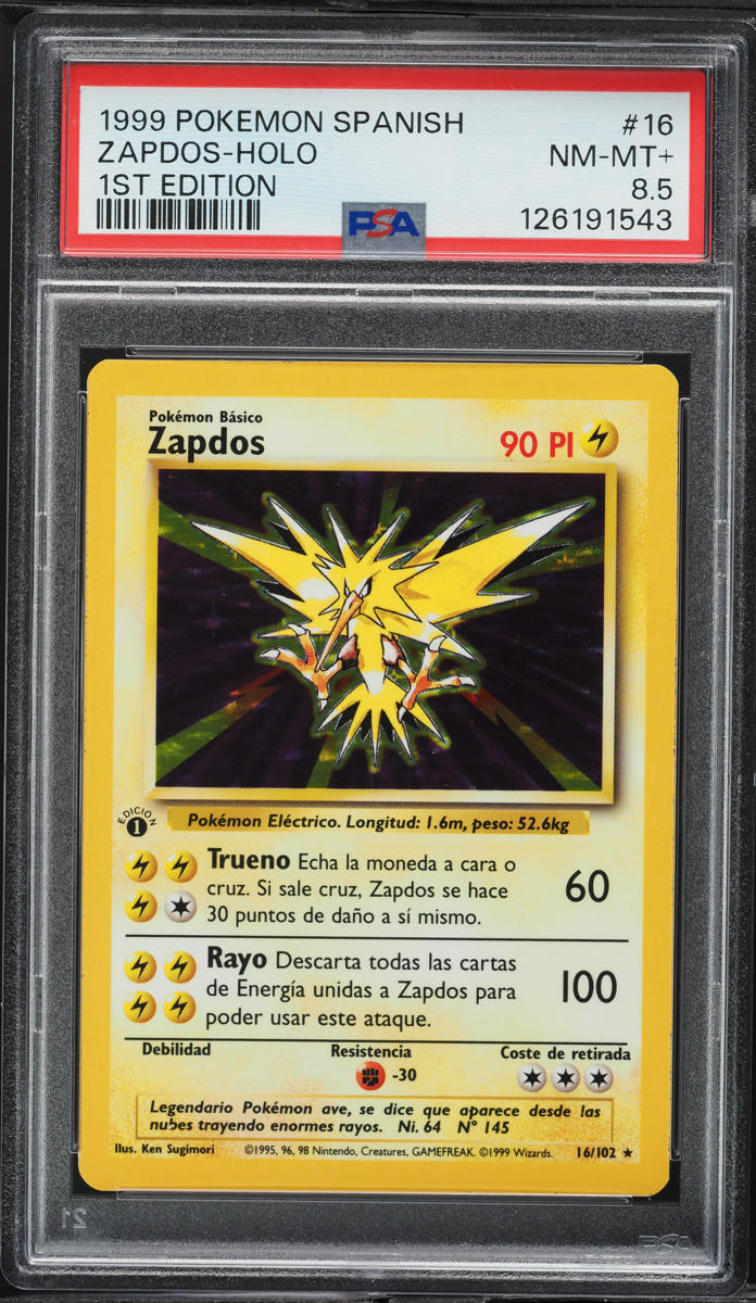 Carta Pokémon Zapdos Holo 1ª Edición 1999 Base Set Español PSA 8.5 NM-MT+ #16