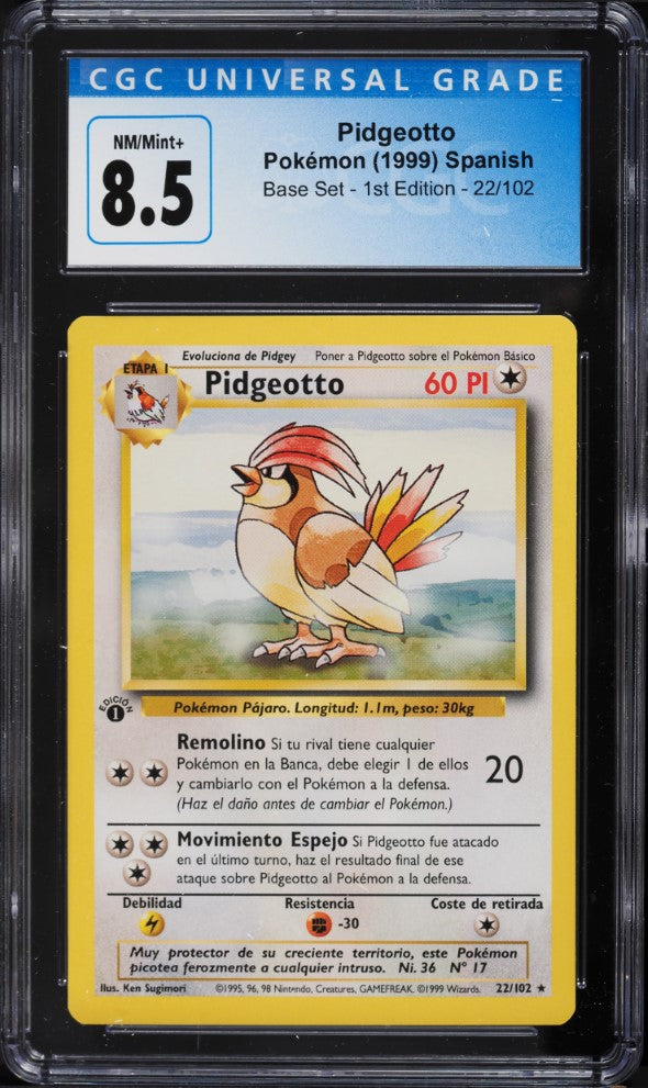Pidgeotto 1ra Edición 22/102 - CGC 8.5 NM/Mint+ (Evolución de Pidgey, Base Set Español 1999)