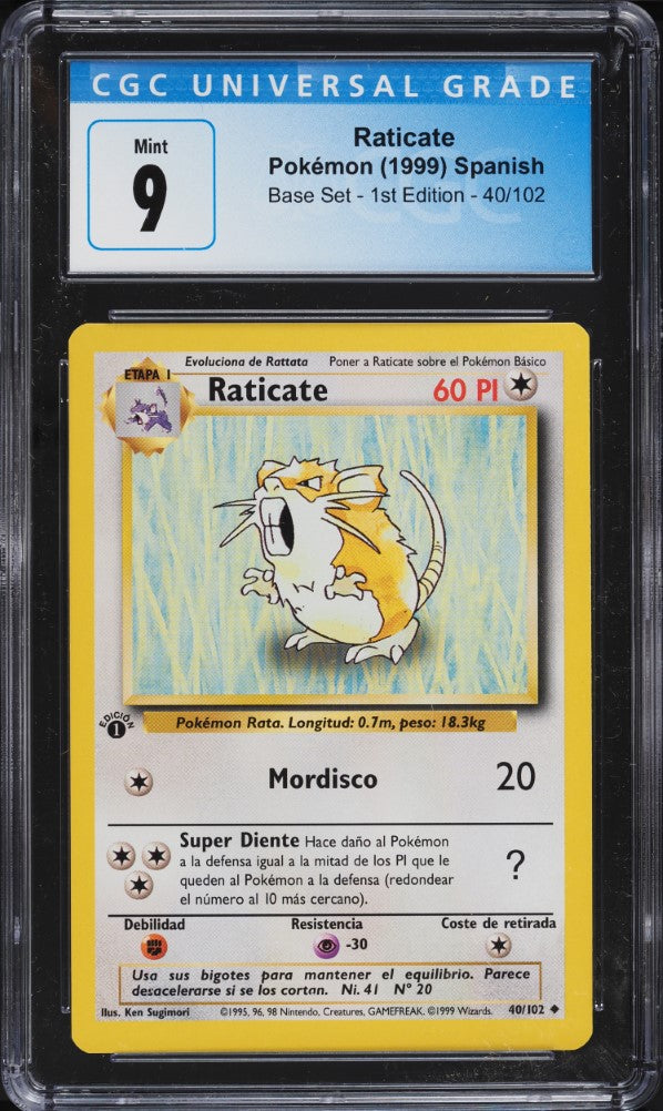 Raticate 1ra Edición 40/102 - CGC 9 Mint (Evolución de Rattata, Base Set Español 1999)