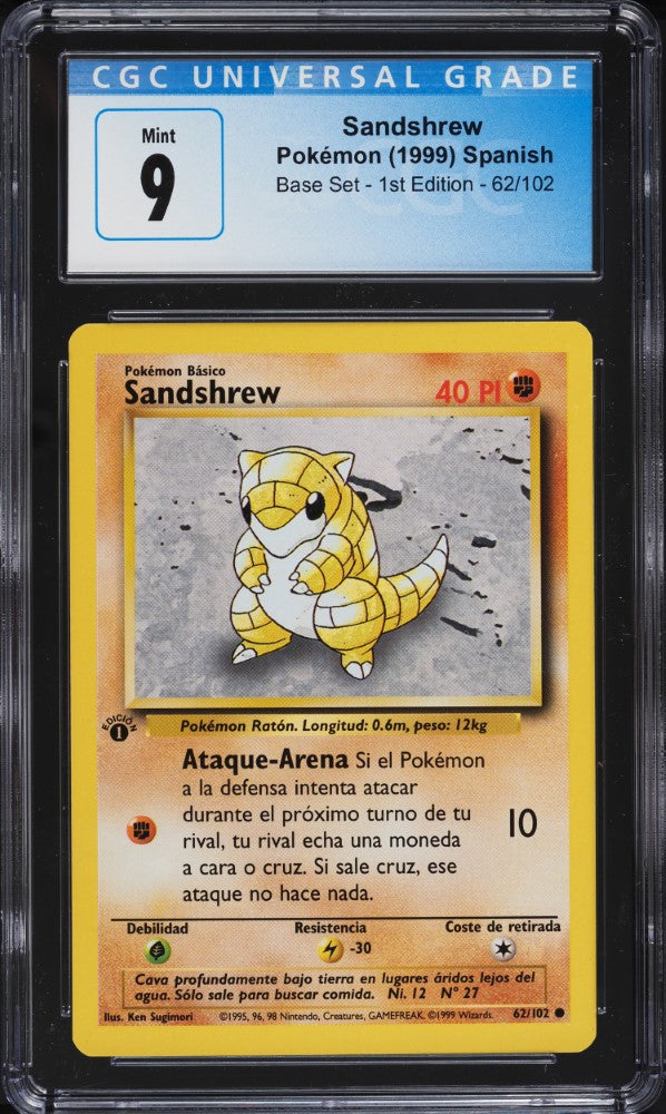 Sandshrew 1ra Edición 62/102 - CGC 9 Mint (Pokémon Básico, Base Set Español 1999)