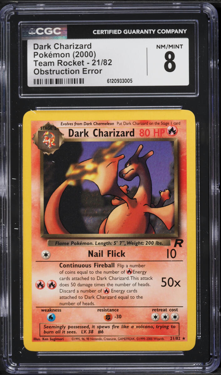 Carta Pokémon Dark Charizard #21/82 Obstruction Error 1 of 1 – Team Rocket 2000 – CGC 8 NM-MT