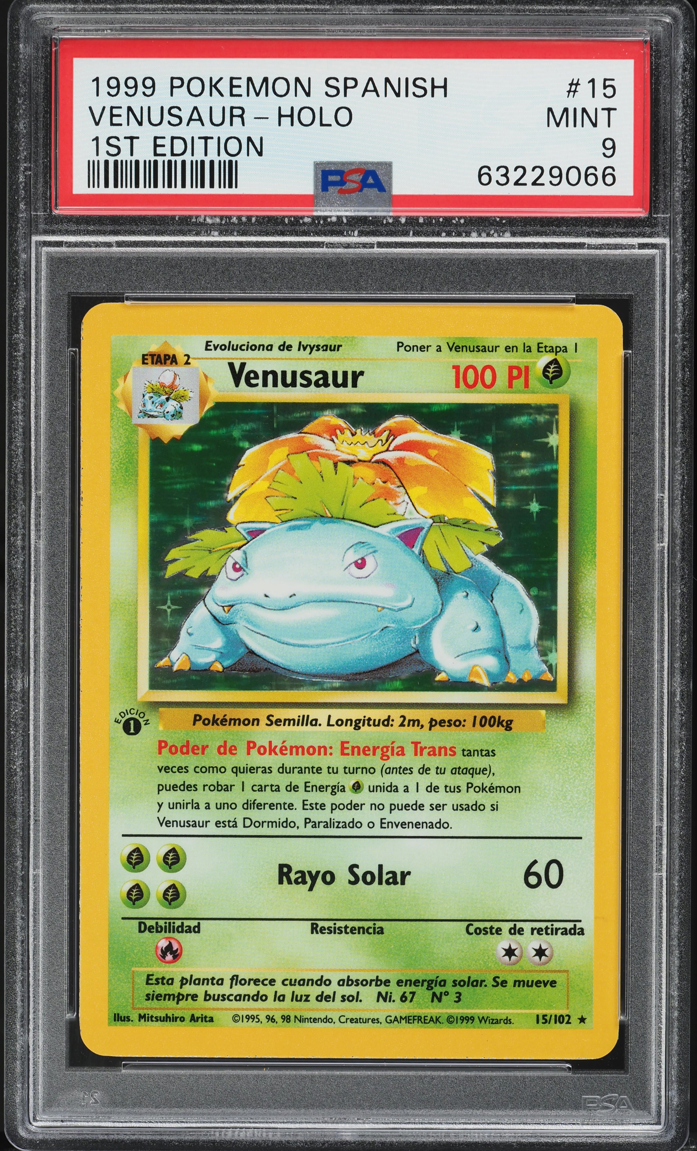 Carta Venusaur 1st Edition Base Set Español 1999 Holo - Pokémon #15 PSA 9 Mint