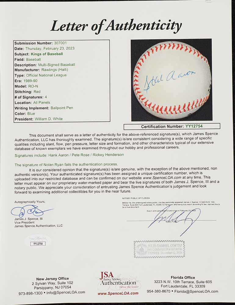 Pelota de Béisbol firmada por Hank Aaron, Pete Rose y Rickey Henderson - Autenticada por JSA (Multifirma)